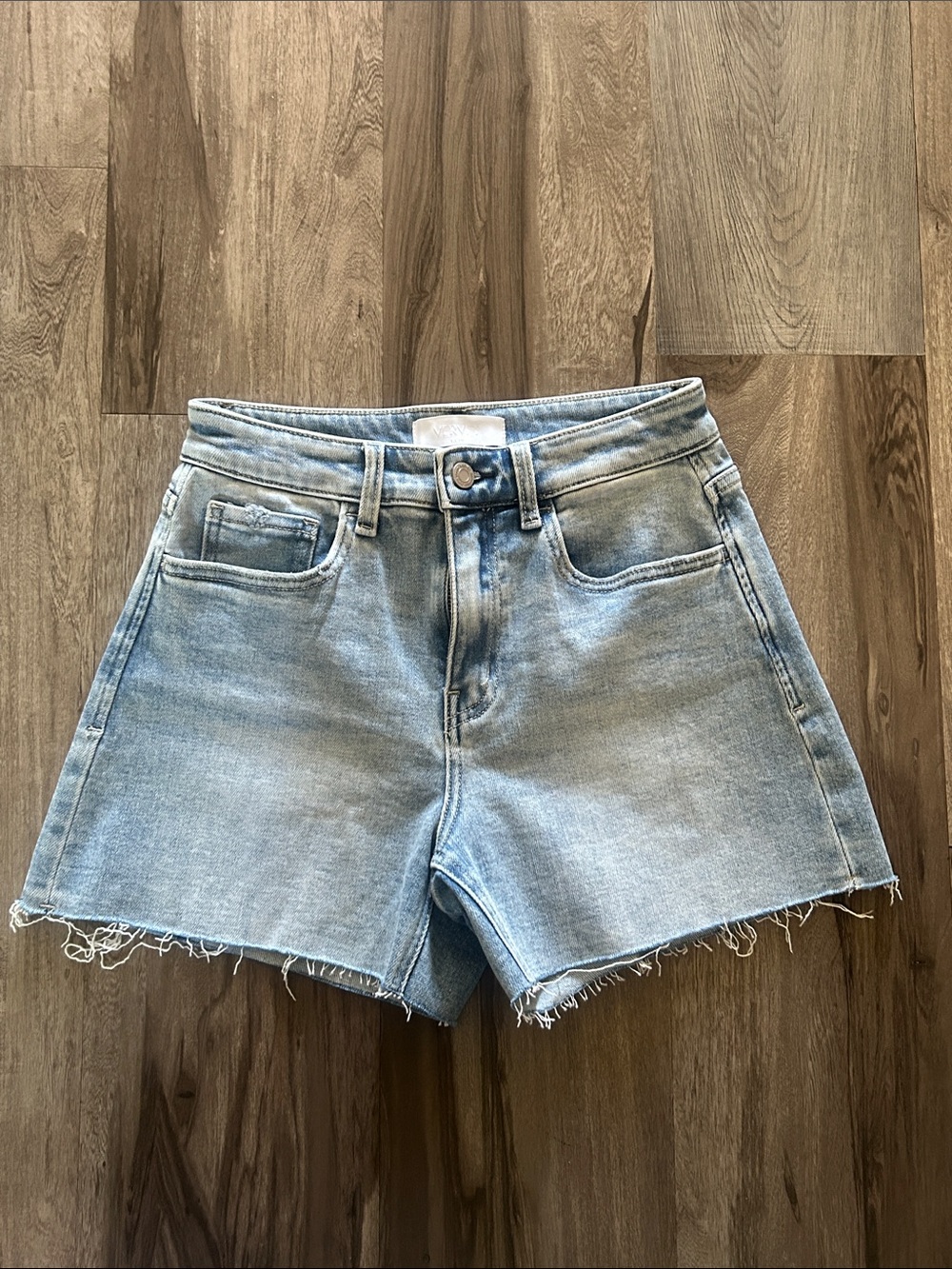 Vervet High-Rise Light Blue Denim Jean Shorts with Frayed Hem